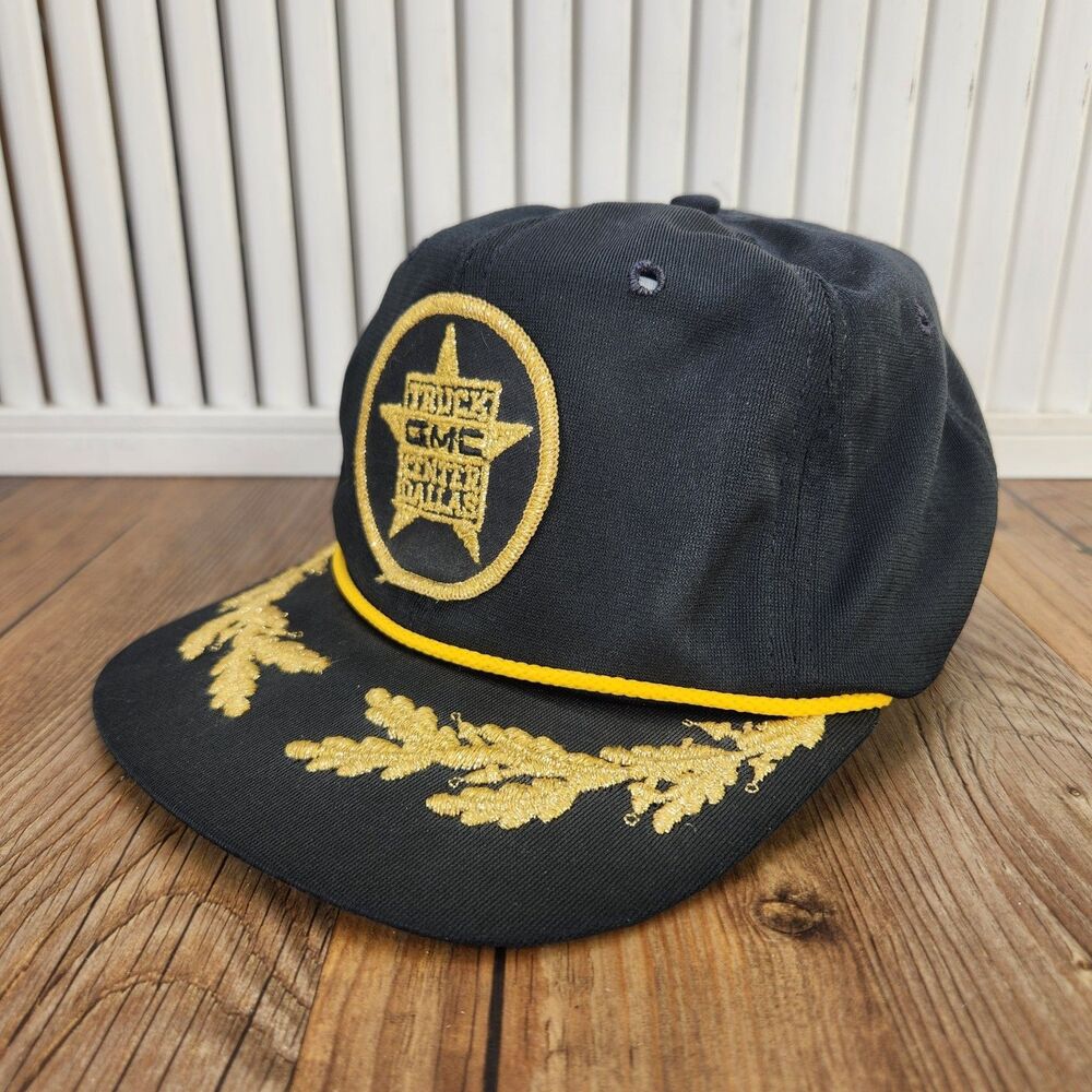 VTG GMC Truck Center Dallas Snapback Rope Hat Black Gold Embroidered Leaf USA